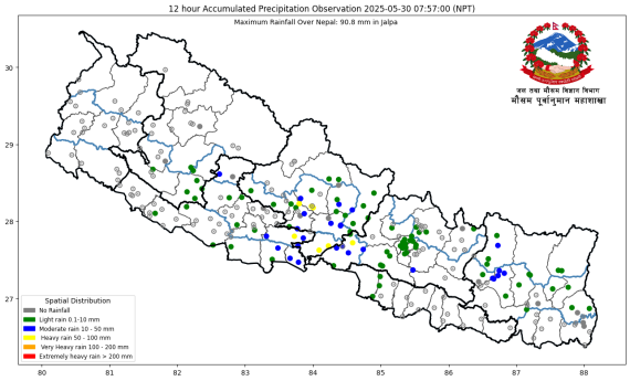 कोशी र गण्डकी प्रदेशका एकदुई स्थानमा भारी वर्षाको सम्भावना
