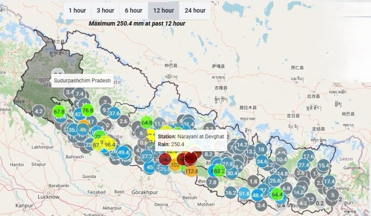 १२ घण्टामा सबैभन्दा धेरै पानी देवघाट क्षेत्रमा पर्‍यो