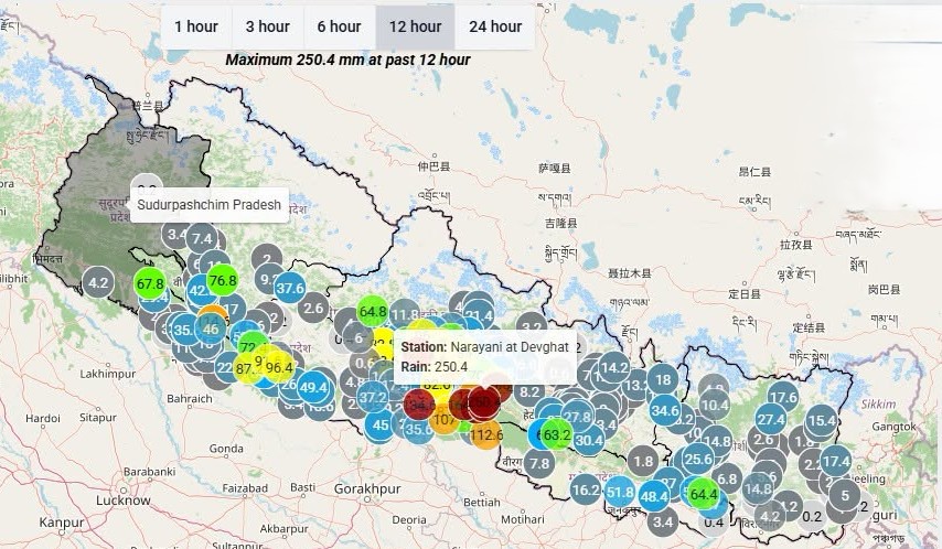 १२ घण्टामा सबैभन्दा धेरै पानी देवघाट क्षेत्रमा पर्‍यो